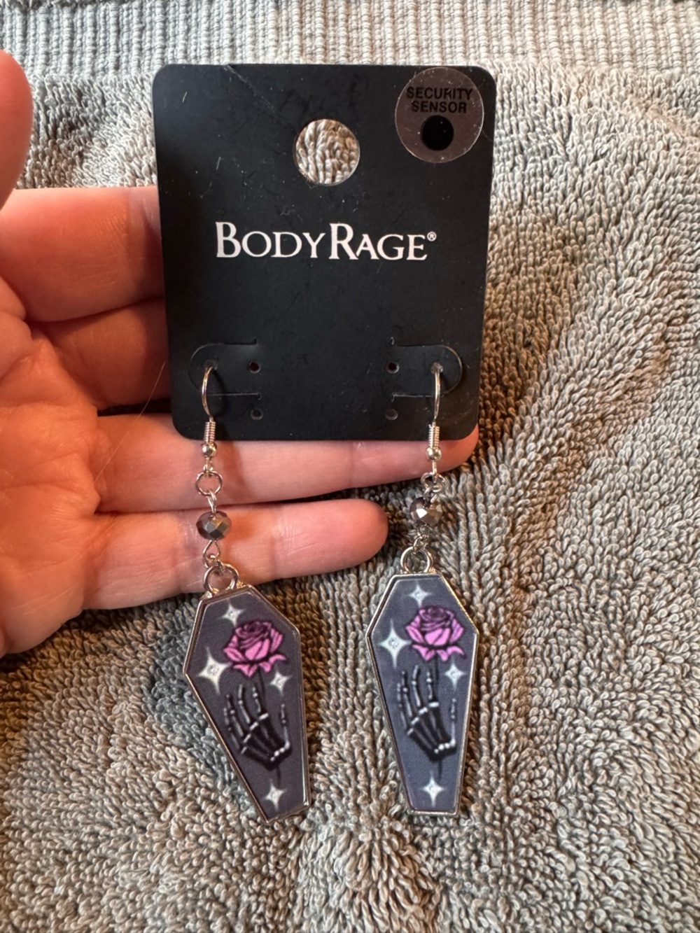 🌟 3/$20 Eligible! NWT BodyRage Black Coffin Earrings with Pink Rose